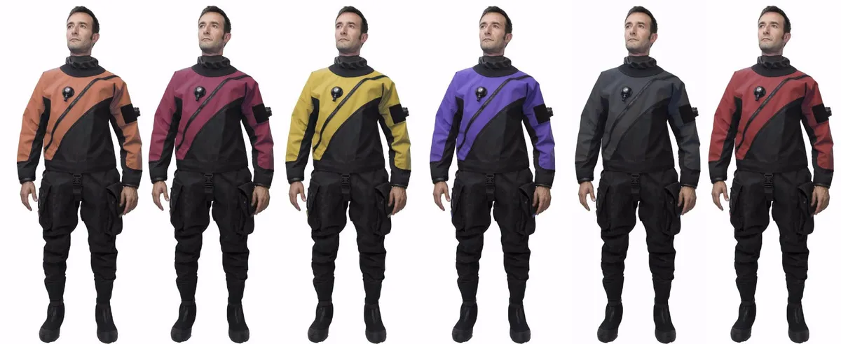 Drysuits with different coloured chest panels — orange, pink, yellow, purple, grey, and red